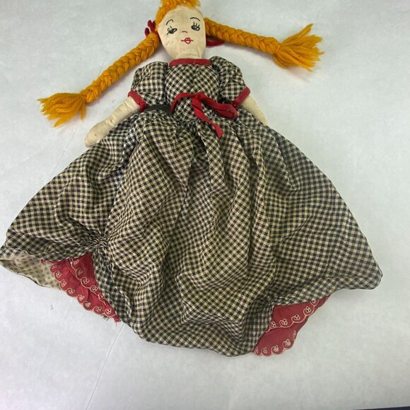 Vintage Hand Made Bed Sitting Pillow Doll Yarn Pigtails - Picture 3 of 9